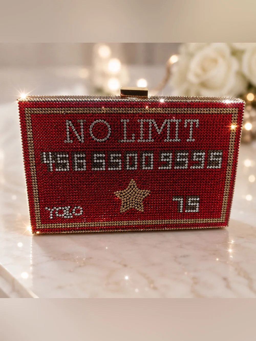 Red + Gold NO LIMIT Bling Rhinestone Credit Card Clutch Crossbody Purse Bag YOLO